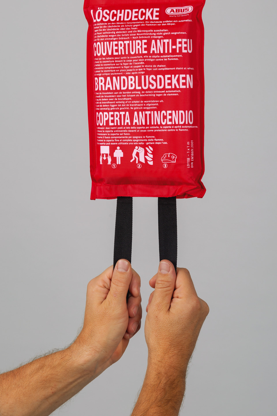 ABUS Löschdecke LD 1118 1x1m – Hitzebeständige Feuerlöschdecke für Küche & Haushalt, kompakt & einfach anzuwenden
