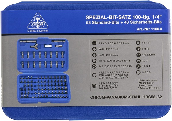 HaWe SPEZIAL-BIT-SATZ 100-tlg. 1/4" - 53 Standard-Bits + 43 Sicherheits-Bits 1100.0