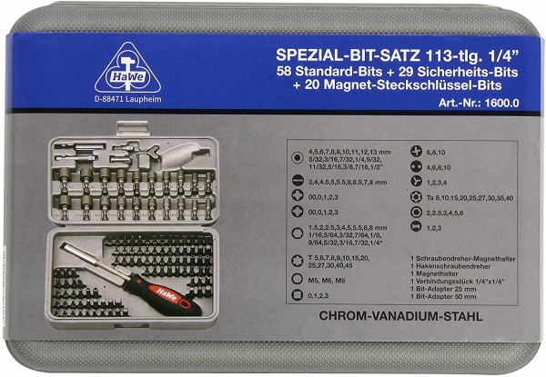 HaWe SPEZIAL-BIT-SATZ 113-tlg. 1/4" - 58 Standard-/ + 29 Sicherheits-/ + 20 Steckschlüssel-Bits 1600