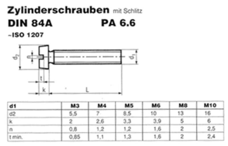 Polyamid Schraube M3x12 PA6.6 Zylinder Schraube DIN 84-3x12 